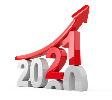 2020 2021 change concept. Represents the new year white and red symbol symbol. Red arrow upward. 3D illustration isolated on white background.の写真素材