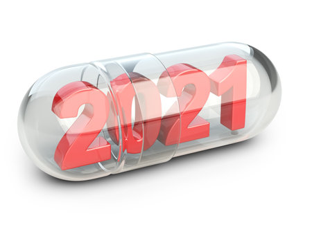 Glass capsule with 2021 numbers inside. The concept of fighting the global epidemic of coronavirus.の写真素材