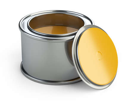 Opened metal can with orange paint. 3d illustration isolated on white background.