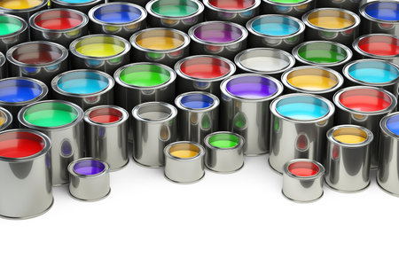 Open paint cans placed close to each other. Ð¡olor palette concept. 3d illustration isolated on white background.の写真素材