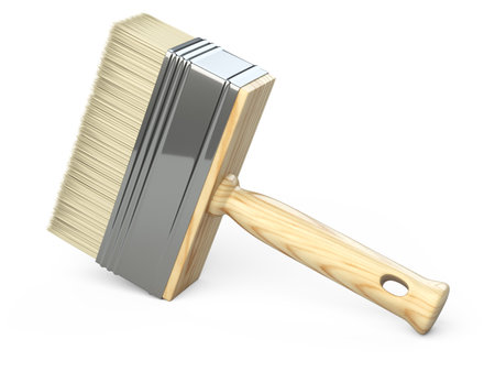Wide flat repair brush with wooden handle, painting tool. 3d illustration isolated on white background.の写真素材