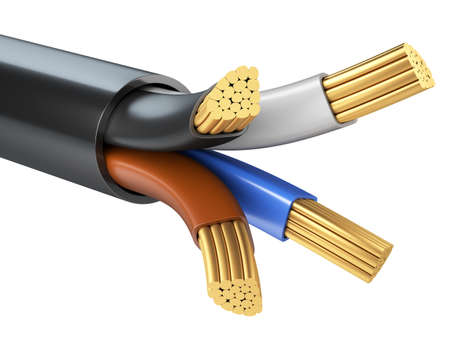 Copper industrial four-core cable in black insulation. The concept of power supply of the...