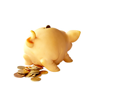 piggy bank with curly tail and copper coinsの写真素材