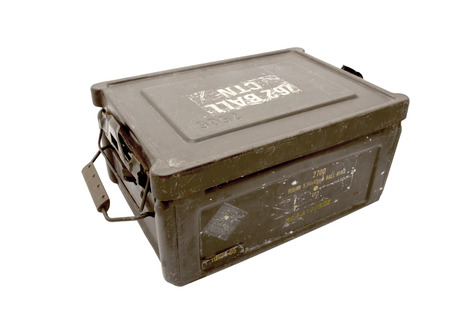isolated vintage military brown ammunition storage case on whiteのeditorial素材