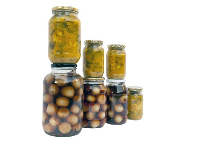 assorted jars of homemade piccalilli and pickled onionsの写真素材