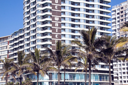 DURBAN, SOUTH AFRICA - May 24, 2014: Closeup of palm trees and residential complexes on Golden Mile Beachfront in Durban South Africaのeditorial素材