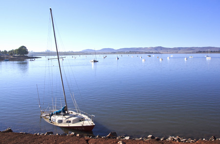 Sunken aboandoned yacht in the shallows of Midmar dam near Howick in the Natal Midlands in South Africaのeditorial素材