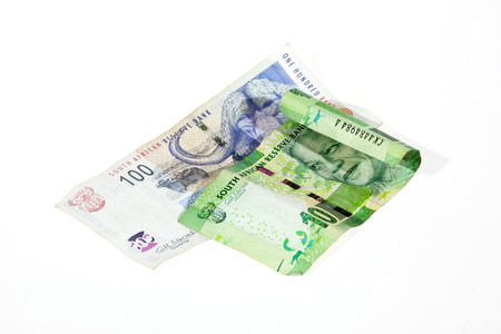 two south african bank notes on white backgroundの写真素材