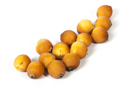 Studio shot close up of collection of natural ripe orange palm dates on white backgroundの写真素材