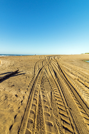 Portrait view patterns and texture of vehicle tracks on beach sand  against blue coastal skylineの写真素材