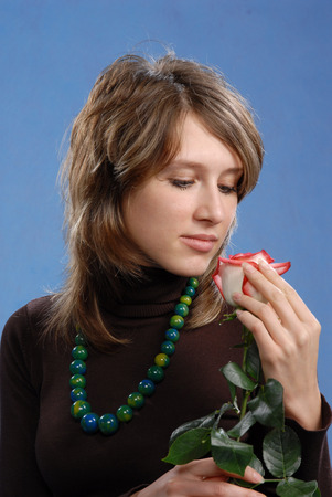 girl with flowers, roses, bouquet, close up, studioの写真素材
