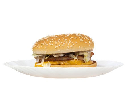 whole cheeseburger isolated on whiteの写真素材