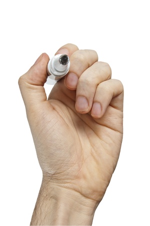 Hand holding pen facing the viewer isolated on a white background. Place your chart, diagram, graphics etc.の写真素材