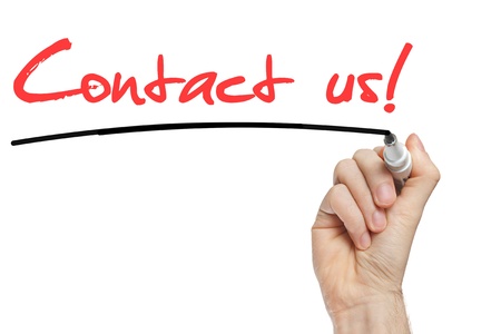 Hand writing Contact Us with red marker on transparent wipe boardの写真素材