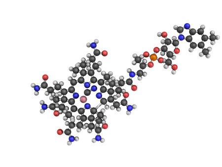 Chemical structure of Vitamin B12 (cyanocobalamin). It is a water-soluble vitamin with a key role in...