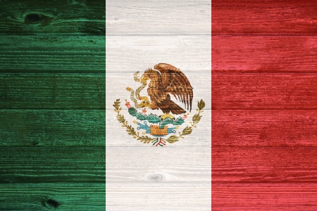 Mexico Flag painted on old wood plank backgroundの写真素材