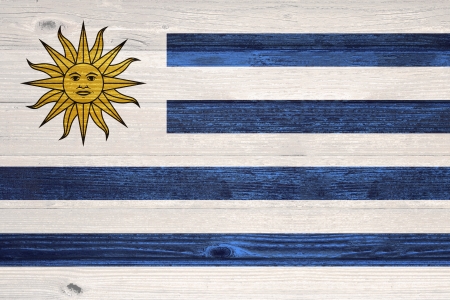 Uruguay Flag painted on old wood plank backgroundの写真素材