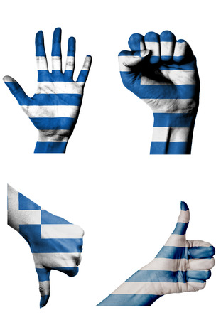hands with multiple gestures (open palm, closed fist, thumbs up and down) with Greece flag painted isolated on whiteの写真素材