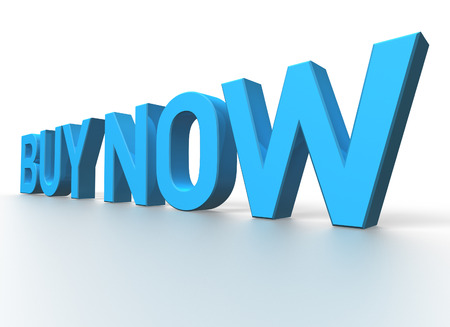 3d rendering of Buy Now blue glossy text on white background with shadow and reflectionの写真素材