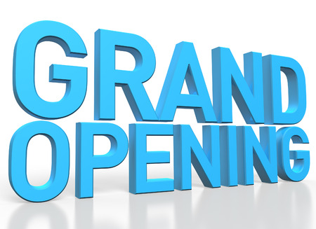 3d rendering of Grand Opening blue glossy text on white background with shadow and reflectionの写真素材