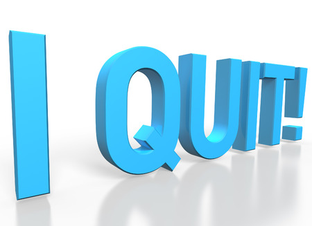 3d rendering of I quit blue glossy text on white background with shadow and reflectionの写真素材