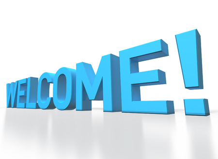 3d rendering of Welcome blue glossy text on white background with shadow and reflectionの写真素材