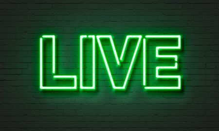 Live music neon sign on brick wall backgroundの写真素材