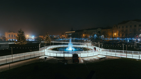 King Tomislav Square in Zagreb (Croatia), Christmas market with a view of the fountain and ice...