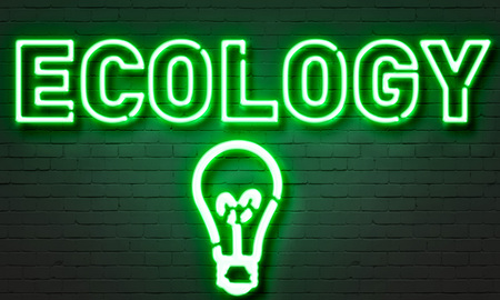 Ecology neon sign on brick wall backgroundの写真素材
