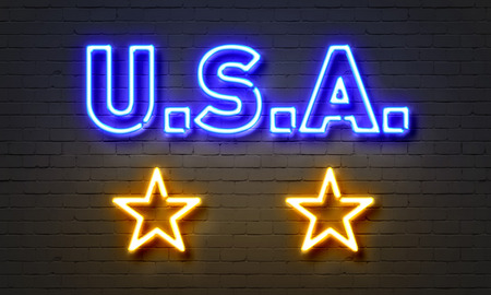 USA neon sign on brick wall backgroundの写真素材