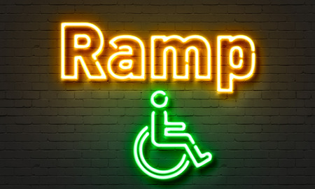 Ramp neon sign on brick wall backgroundの写真素材