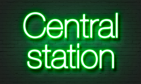 Central station neon sign on brick wall backgroundの写真素材