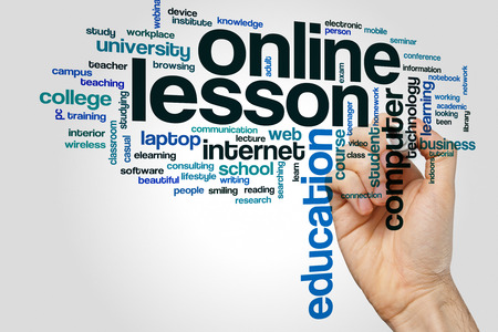 Online lesson word cloud concept on grey backgroundの写真素材