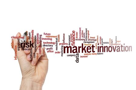 Market innovation word cloud concept on white backgroundの写真素材
