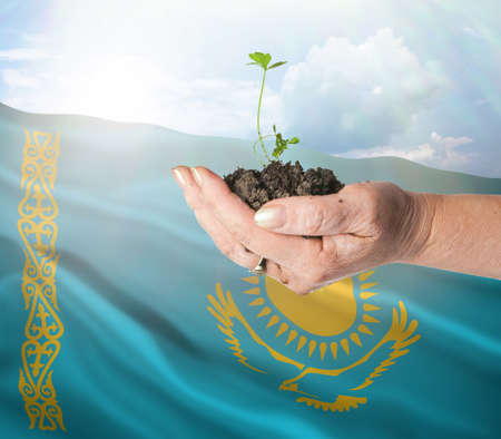 Kazakhstan growth and new beginning. Green renewable energy and ecology concept. Hand holding young plant.の写真素材