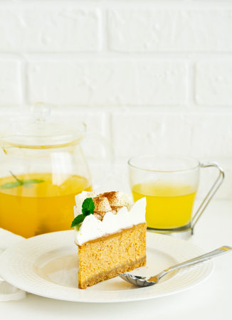 Pumpkin cheesecake with chocolate. Selective focus.の写真素材