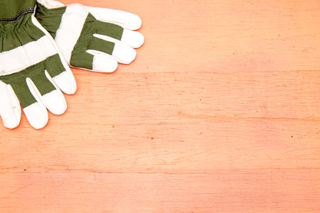 A pair of green and white gardening gloves on a pink table gardening concept image