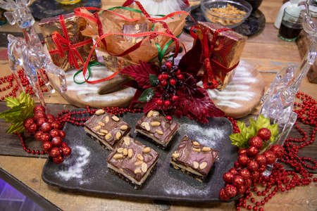 A delicious trey of Salted Peanut Nanaimo Bars, tasty festive Christmas treatsの写真素材
