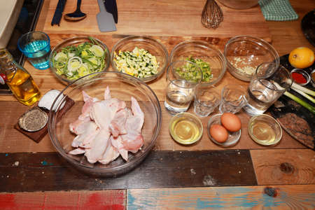 Food ingredients on the kitchen wooden worktopの写真素材