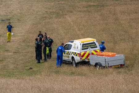 East Sussex, Beachy Head, UK 10th July 2019: Police officer on the cliff tops of Beachy Head attending an incidentのeditorial素材