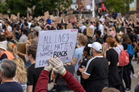 Leeds UK, 14th June 2020: Black lives matter protesters in the Leeds City Centre protesting about...