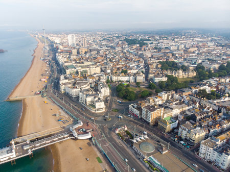 Aerial photo of the Brighton beach and coastal area located in the south coast of England UK that is part of the City of Brighton and Hove, taken on a bright sunny dayの写真素材