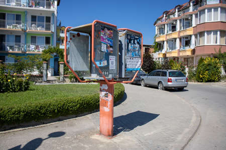 Obzor, Bulgaria 18th August 2019: Telephone box on the street of the town of Obzor, typical Bulgaria phone box.のeditorial素材