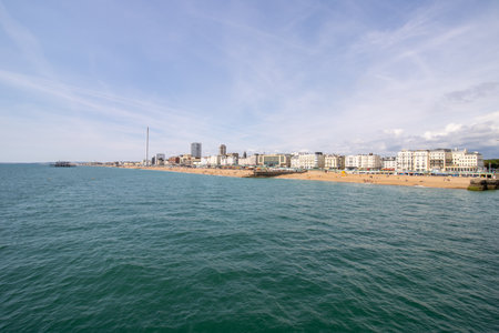 Brighton UK, 10th July 2019: The famous beautiful Brighton Beach and Seafront showing the coastline area on a bright sunny day,の写真素材