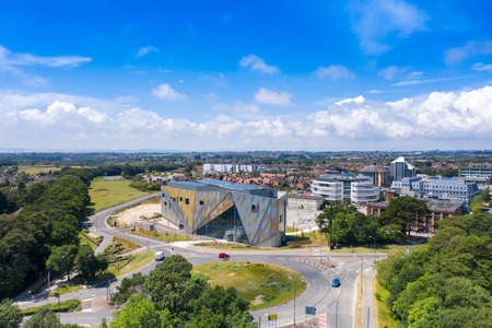 Aerial photo of the Bournemouth University, Talbot Campus buildings from above showing the Arts University Bournemouth, the Student Village, Fusion Building, Medical Centreのeditorial素材