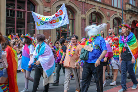 Leeds West Yorkshire UK - Aug 5th 2018: People taking part in The famous Leeds Gay Pride 2018 parade along with the Leeds LGBT Pride were businesses and even celebrities, Parade to support gay rights.のeditorial素材