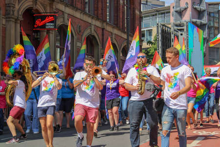 Leeds West Yorkshire UK - Aug 5th 2018: People taking part in The famous Leeds Gay Pride 2018 parade along with the Leeds LGBT Pride were businesses and even celebrities, Parade to support gay rights.のeditorial素材