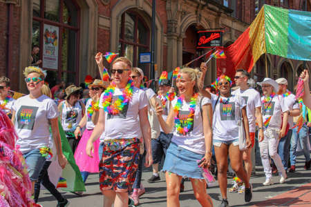 Leeds West Yorkshire UK - Aug 5th 2018: People taking part in The famous Leeds Gay Pride 2018 parade along with the Leeds LGBT Pride were businesses and even celebrities, Parade to support gay rights.のeditorial素材