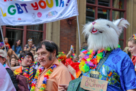 Leeds West Yorkshire UK - Aug 5th 2018: People taking part in The famous Leeds Gay Pride 2018 parade along with the Leeds LGBT Pride were businesses and even celebrities, Parade to support gay rights.のeditorial素材