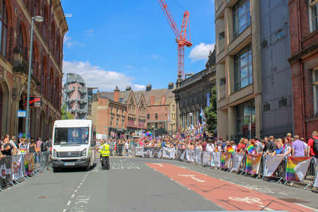 Leeds West Yorkshire UK - Aug 5th 2018: People taking part in The famous Leeds Gay Pride 2018 parade along with the Leeds LGBT Pride were businesses and even celebrities, Parade to support gay rights.のeditorial素材